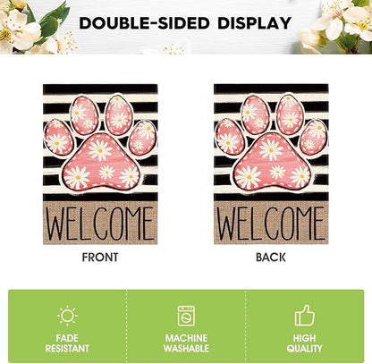 AVOIN colorlife Pink Paw Print Spring Garden Flag 12x18 Inch Double Sided Outside, Daisy Floral Welcome Stripes Yard Outdoor Flag