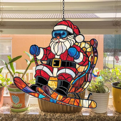 Funny Santa Claus Skiing Acrylic Suncatcher Stained Glass Effect Window Car Hanging Christmas Ornament Indoor Outdoor Decor Garden Sun Catcher Panel for Christmas Lover for Women Mom Grandma