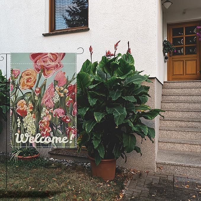 Welocome Spring Flower Garden Flag Oil Painting Pink Floral Spring Garden Flag Decor Double Sided House Flag for Outside Yard Decorations 12×18 Inch