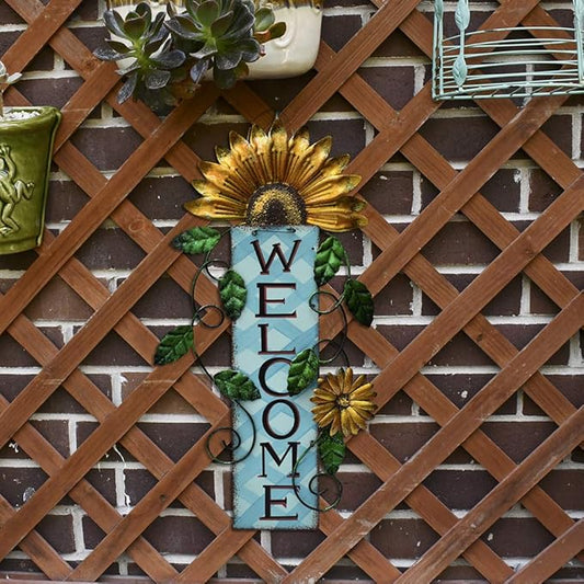 Attraction Design Welcome Sign for Front Door Decor Hanging Sign, Metal Flower Welcome Door Sign Wall Art Decor Hanging for Indoor Outdoor Patio Garden Yard Sign Porch Decoration 15.25X8.5In (B)