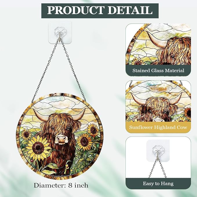 Highland Cow Stained Glass Window Hanging Sunflower Cow Western Style Suncatcher Rustic Farmhouse Window Hanging Decor for Home Garden Gift
