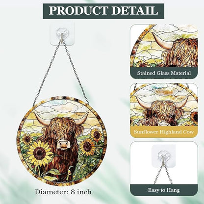 Highland Cow Stained Glass Window Hanging Sunflower Cow Western Style Suncatcher Rustic Farmhouse Window Hanging Decor for Home Garden Gift