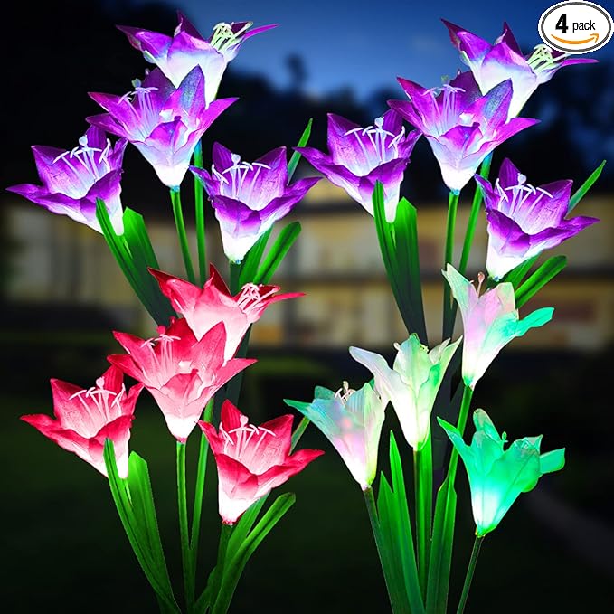 KOOPER Outdoor Solar Lights, 4 Pack Solar Garden Light with Bigger Lily Flowers, Waterproof 7 Color Changing Solar Lights Outdoor - Bigger Panel for Patio Yard Garden Decoration, Gift for Mom