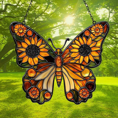 Sunflower Monarch Butterfly Acrylic Suncatcher Stained Glass Effect Window Car Hanging Christmas Ornament Indoor Outdoor Decor Garden Sun Catcher Panel for Butterfly Lover for Women Mom Grandma