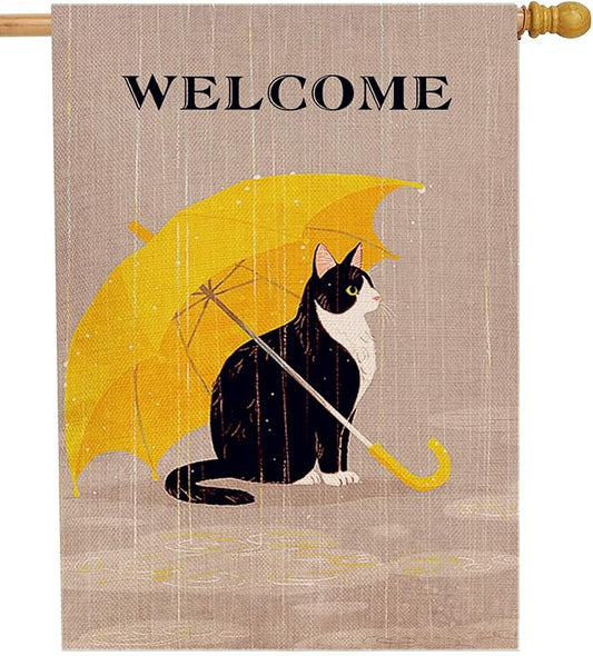 Dyrenson Welcome Spring Summer Tuxedo Cat 28 x 40 House Flag Double Sided, Pet Yellow Umbrella Garden Yard Decorations Cat Lover Gifts, Seasonal Burlap Outdoor Decor Decorative Large Flag