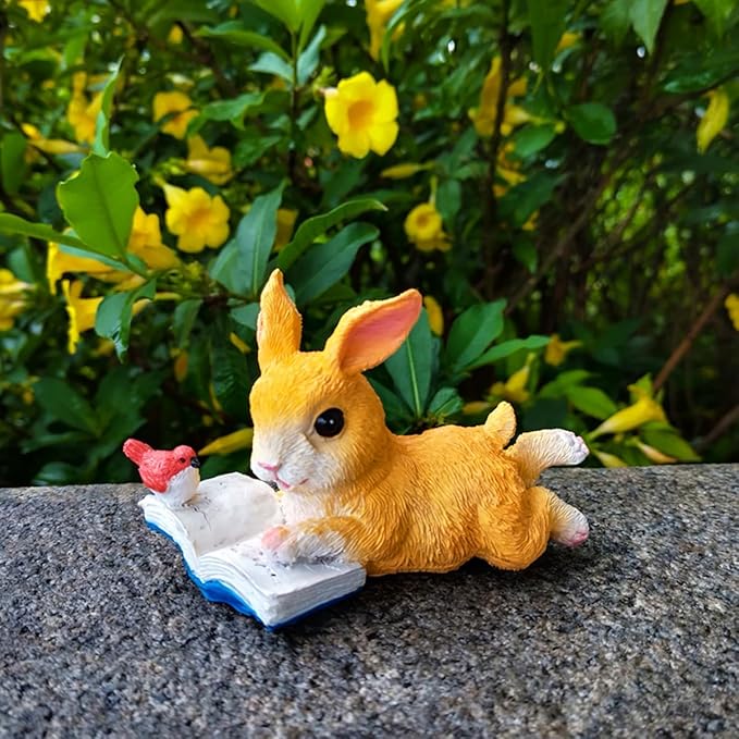 Cute Bunny Reading Book Statue Garden Decor, Resin Rabbit Figurine Sculpture Indoor Outdoor Easter Spring Decoration for Home Patio, Yard, Lawn, Porch Ornaments