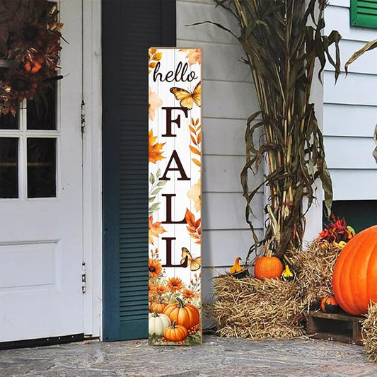 Hello Fall Porch Sign Autumn Pumpkin Maple Leaf Welcome Sign Vertical Standing Sign For Front Porch Decor Farmhouse Hanging Wall Sign for Patio Yard Party Indoor Outdoor Thanksgiving Decoration 47.2"H