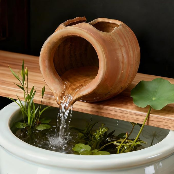 M METERXITY Ceramic Garden Fountain Spitter, Clay Pot Ecological Tank for Pond/Backyard Water Feature/Cave Waterfall/Landscaping, DIY Water Flow Jar Hydroponic Vase [5.5in, Classic Yellow]