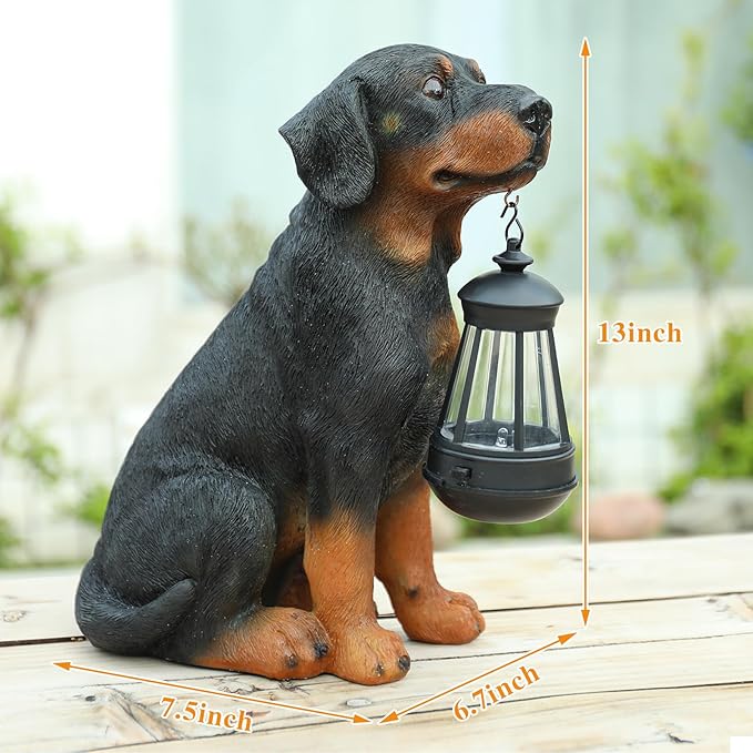 Garden Dog Statues Outdoor Decor, 13" Solar Powered LED Lights Outdoor Statue Garden Decorations Rottweiler Figurine for Patio, Lawn, Yard Decor, Valentines Day Gifts, Housewarming Garden Gift