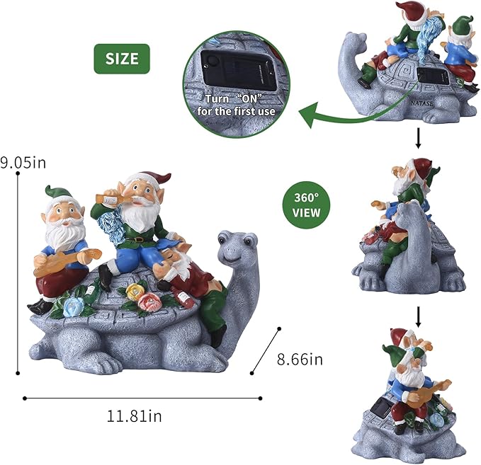 Upgraded Size Solar Garden Outdoor Statues Gnome Turtle Three Gnomes Having Party on Turtle with 7 LED Lawn Decor Outside Decorations for Patio, Balcony, Yard Ornament Unique Garden Gift