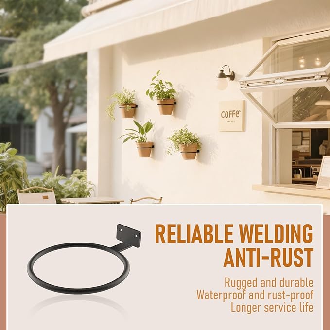 Wall Pot Holder Bulk 4in 6Pack Ring Plant Hanger, Metal Planter Hooks Wall Mounted Bracket Heavy Duty for Outdoor Indoor Black