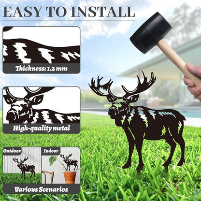 WADORN Deer Metal Decorative Garden Stakes, Elk Funny Metal Outdoor Statues Black Elk Deer Silhouette Ornament Gifts Funny Animal Deer Outdoor Decor for Yard Garden Patio Lawn Walkways Ornaments