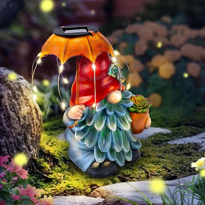 Solar Outdoor Statues Gnome Garden Decor, Garden Gnome with Solar LED Umbrella Decorative for Patio, Balcony, Lawn, Yard Ornament - Christmas Gardening Gifts for Mom Grandma