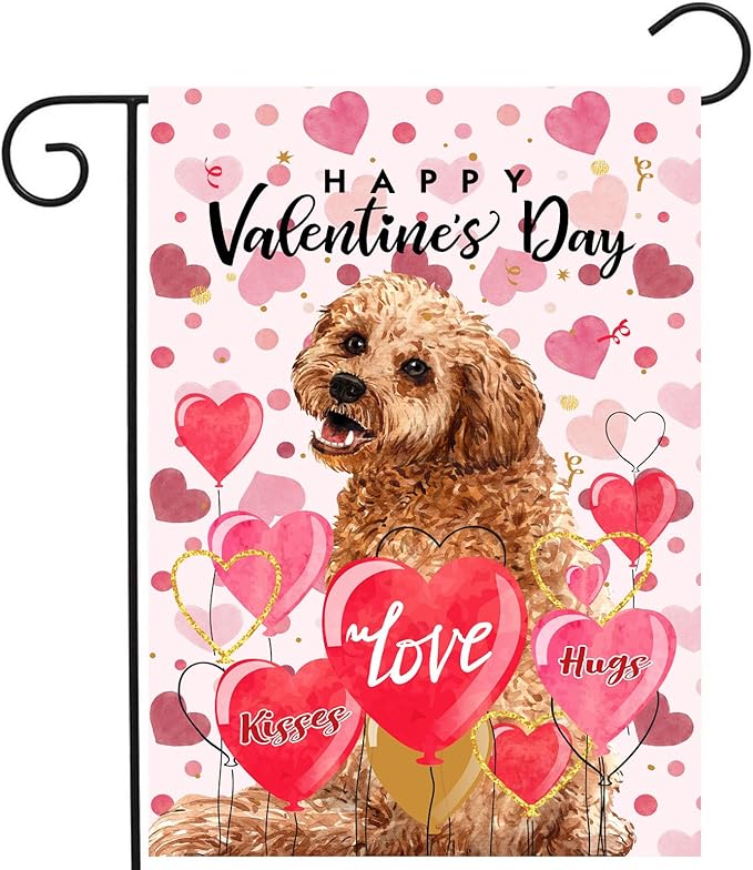 Golden Doodle Valentine Garden Flag Valentines Day Flags for Outside 12x18 Double Sided Small Yard Flags Dog Valentine's Day Decor Outdoor Lawn Valentines Banners Front Porch