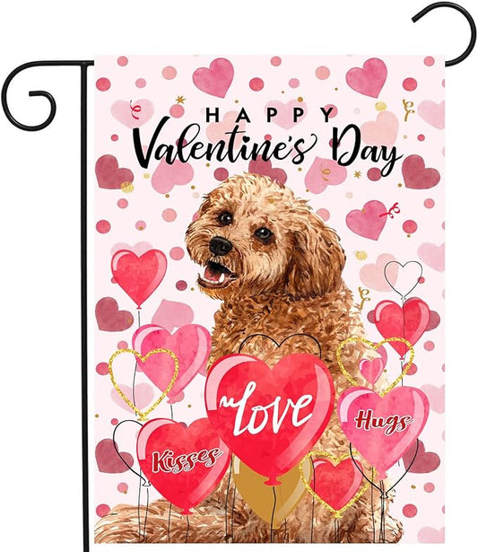 Golden Doodle Valentine Garden Flag Valentines Day Flags for Outside 12x18 Double Sided Small Yard Flags Dog Valentine's Day Decor Outdoor Lawn Valentines Banners Front Porch