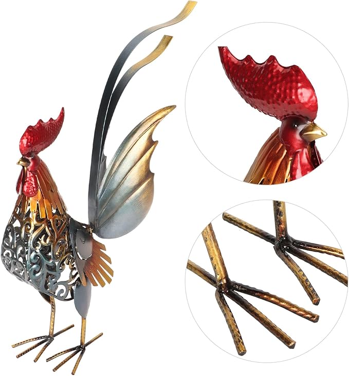 Decorative Iron Rooster Sculpture, Carved Metal Rooster Statue for Garden, Deck, Home, & Friendly, Hollow Design & Detachable Tail, Versatile Indoor Outdoor Decoration,