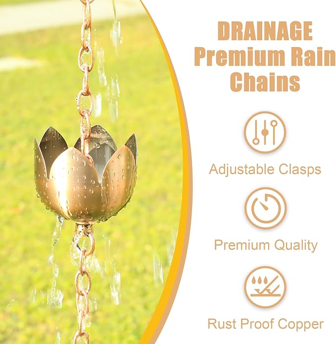 taman Rain Chain Set, 5.28ft Lotus Cup Rain Chain for Gutters,Copper Rain Chain Cups to Replace Gutter Downspout, Divert Water, 8 Cups, Rose Gold