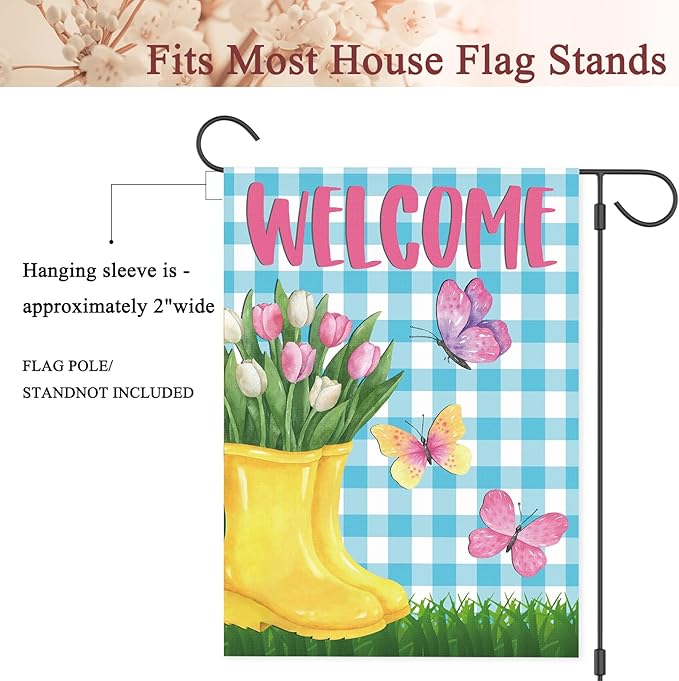 Spring Garden Flag 12"x18" Welcome Yellow Rain Boots with Pink Tulips Butterflies Blue Gingham Background Double Sided Outdoor Yard Porch Decor