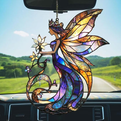 Flowers Fairy Acrylic Suncatcher Stained Glass Effect Window Car Hanging Christmas Ornament Indoor Outdoor Decor Garden Sun Catcher Panel for Fairy Lover for Women Mom Grandma