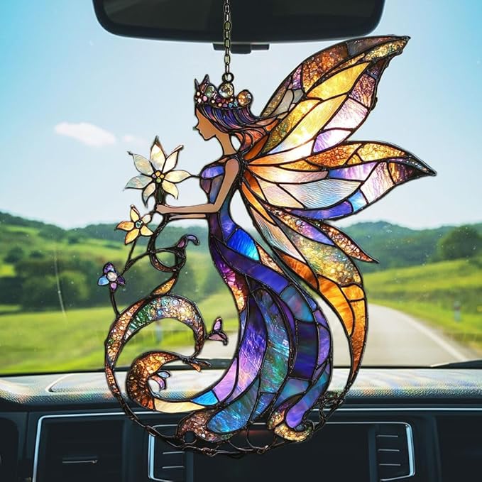 Flowers Fairy Acrylic Suncatcher Stained Glass Effect Window Car Hanging Christmas Ornament Indoor Outdoor Decor Garden Sun Catcher Panel for Fairy Lover for Women Mom Grandma