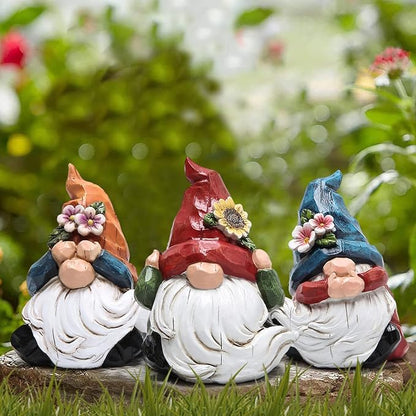 Hodao Spring Gnome Decor Set of 3, Resin Three Wise Gnomes Figurines with See No Evil Hear No Evil Speak No Evil Design, Floral Tiered Tray Shelf Table Accent, Farmhouse Gift Idea