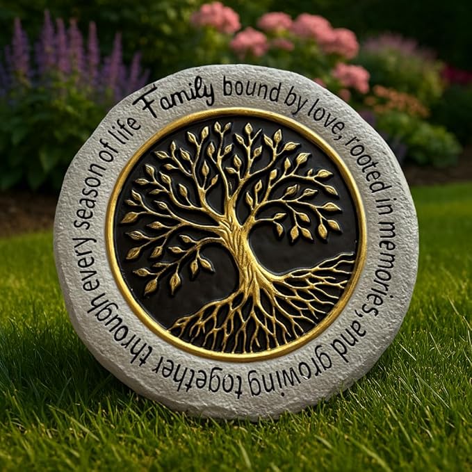 VEOJEIN Family Tree Garden Stepping Stone, 9.45 Inch Round, Gold Tree of Life Design, Weather-Resistant Outdoor Decor