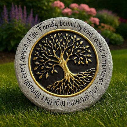 VEOJEIN Family Tree Garden Stepping Stone, 9.45 Inch Round, Gold Tree of Life Design, Weather-Resistant Outdoor Decor