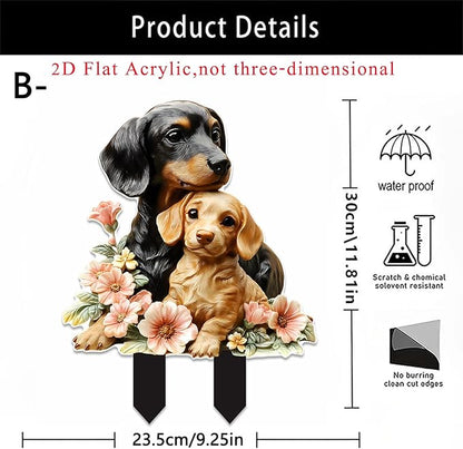 Garden Stake Decor, Acrylic 2D Flat Animal Statue, Fairy Sculptures Ornament Indoor Outdoor Yard Lawn Pot Plant Decorative Accessories (Two-Dogs)