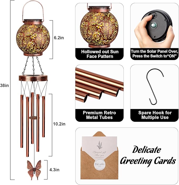 YHmall Solar Wind Chimes for Outside, Butterfly Birthday Gifts for Women Mom, Flower Solar Lantern Windchimes Outdoors, Hanging Memorial Wind Chimes for Garden Decor