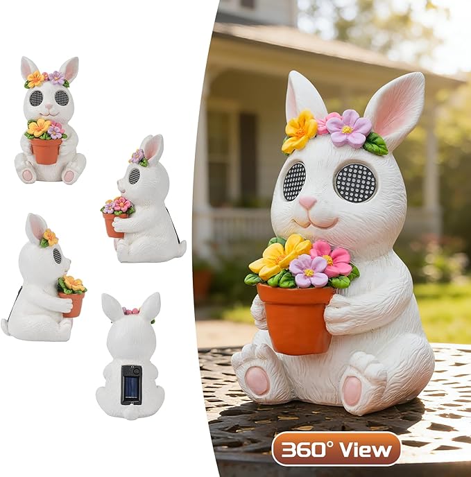 Garden Statues Rabbit with Solar Moving LED Eyes Outdoor Bunny Figurines Decorations for Patio Yard Lawn Ornaments Gifts for Birthday Easter Housewarming (Bunny)
