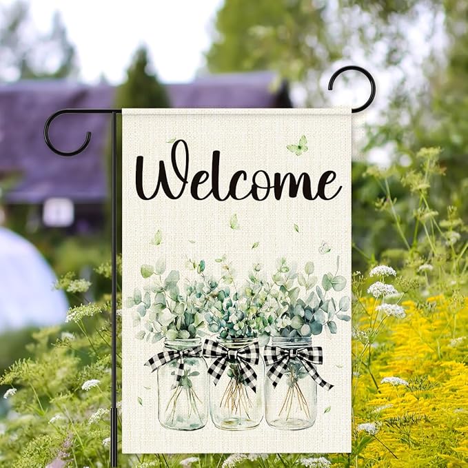 Welcome Garden Flags for Outside,Eucalyptus Mason Jar Spring Yard Flag for Lawn Porch Outdoor Decorations 12x18 Inch Double Sided