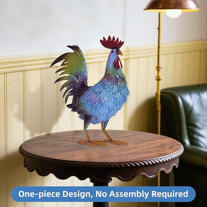Metal Chicken Garden Sculptures & Statues,Vivid Lawn Ornaments for Garden Decorations Outdoor, Blue Rooster Gift for Housewarming,Home Decoration for Christmas Holiday
