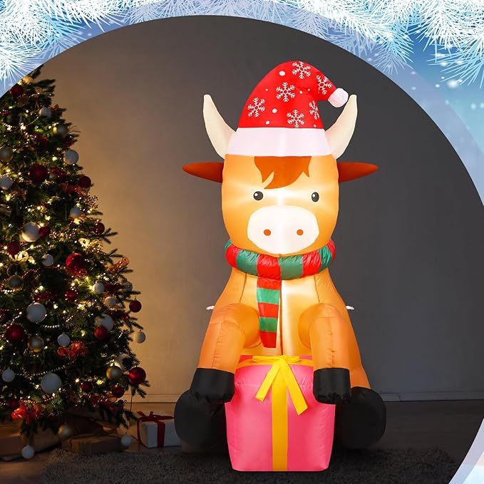 5ft Christmas Inflatables Outdoor Decoration Blow up Highland Cow Wearing Santa Hat Yard Decor with Built in Light for Outdoor Holiday Xmas Party Yard Garden Lawn