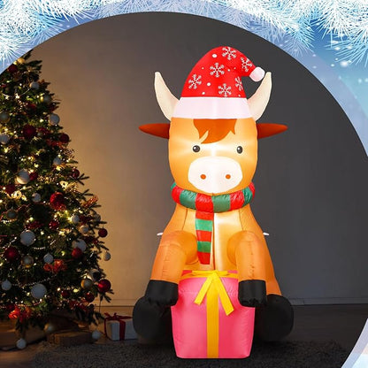 5ft Christmas Inflatables Outdoor Decoration Blow up Highland Cow Wearing Santa Hat Yard Decor with Built in Light for Outdoor Holiday Xmas Party Yard Garden Lawn