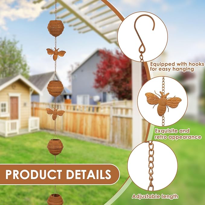 Rain Chains for Gutters Downspout, Outside Downspouts Metal Rain Catcher Diverter, 3.84Ft Retro Rain Chains Decorative with Hook for Windowsill Garden Patio