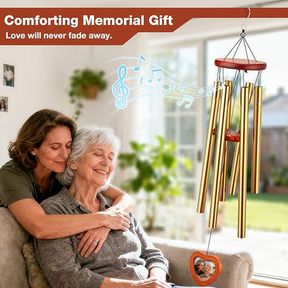 32'' Memorial Wind Chime with Wooden Photo Frame - Personalized Wind Chimes for Loss of Family, Friend, or Pet, Deep Tone Sympathy Chimes for Indoor or Outdoor Decor, Garden, Patio Memorial - Gold