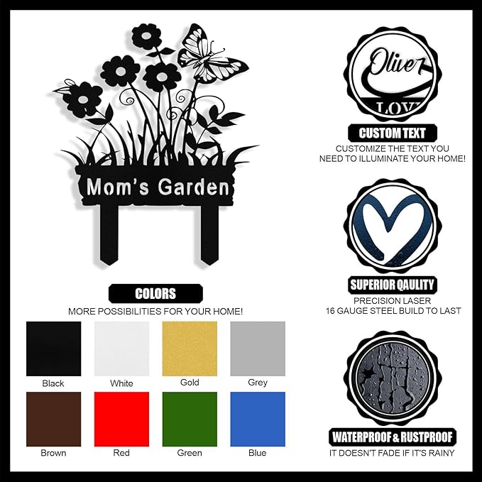 Personalized Metal Flowers Garden Signs with Stake, Custom Garden Signs for Outside Waterproof, Customized Name Sign Yard Lawn Gardens Decor Gardening Gifts for Moms Grandmas Gardeners