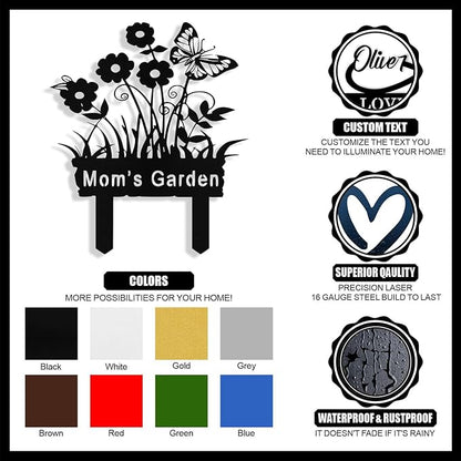 Personalized Metal Flowers Garden Signs with Stake, Custom Garden Signs for Outside Waterproof, Customized Name Sign Yard Lawn Gardens Decor Gardening Gifts for Moms Grandmas Gardeners