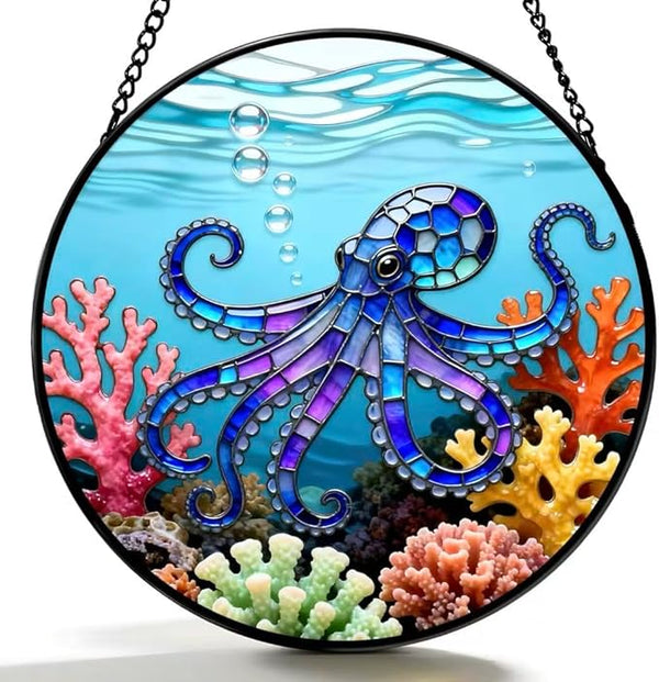 Stained Glass Window Hanging - The Blue Octopus is Foraging in The Coral 6.3 Inches Suncatcher for Garden Home Decor for Women Mon Grandma Friends