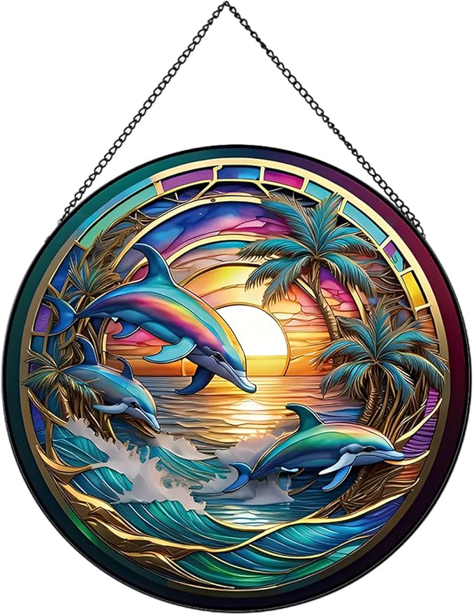 Dolphin Ocean Sunset Suncatcher Stained Glass,Hanging Stained Glass for Windows,20cm/7.87inch Sun Catcher Garden Hangings Ornaments Halloween Fall Christmas Decor for Home