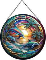 Dolphin Ocean Sunset Suncatcher Stained Glass,Hanging Stained Glass for Windows,20cm/7.87inch Sun Catcher Garden Hangings Ornaments Halloween Fall Christmas Decor for Home