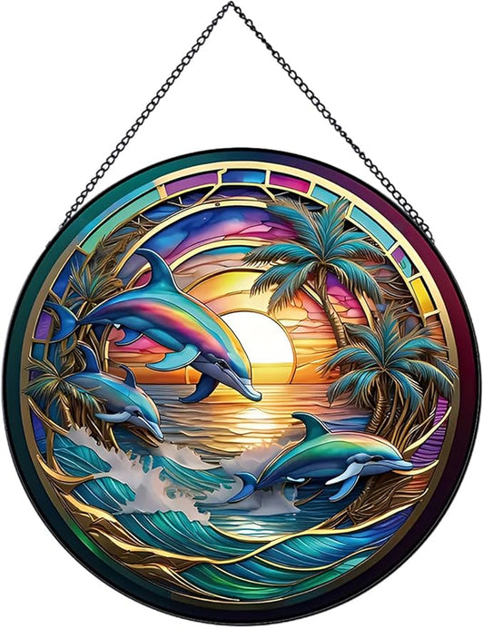 Dolphin Ocean Sunset Suncatcher Stained Glass,Hanging Stained Glass for Windows,20cm/7.87inch Sun Catcher Garden Hangings Ornaments Halloween Fall Christmas Decor for Home