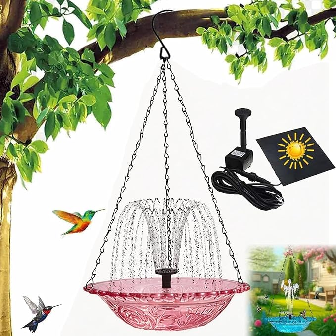 Solar Powered Hanging Bird Bath Fountain, Hanging Bird Bath Fountains Solar Power, Solar Cascade Hanging Birdbath, Tiered Cascade Solar Water Fountains (B Pink)
