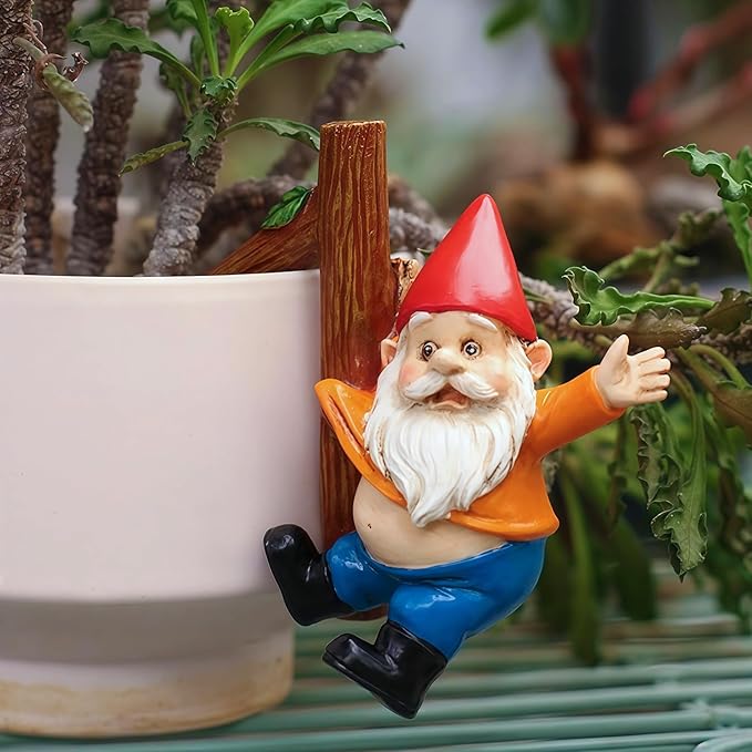 Funny Garden Gnome Statue Flower Pot Hugger, Jackets Hanging on Branch Gnome Figurine Resin Sculpture Outdoor Decor Patio Lawn Yard Fence Plant Pot Ornaments