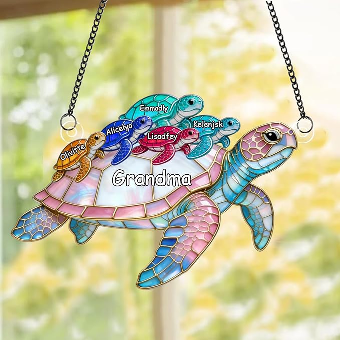 Personalized Grandma's Little Turtles Stained Glass Suncatchers, Custom Name Birth Month Flowers Acrylic Window Hanging Ornament, Mothers Day Christmas Birthday Gifts for Grandma Mom (Style 10)