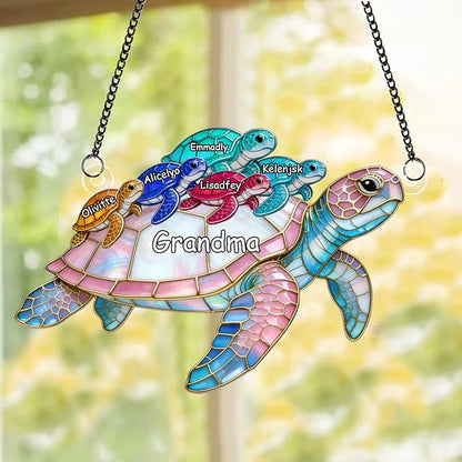 Personalized Grandma's Little Turtles Stained Glass Suncatchers, Custom Name Birth Month Flowers Acrylic Window Hanging Ornament, Mothers Day Christmas Birthday Gifts for Grandma Mom (Style 10)