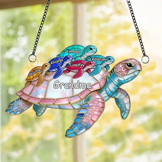 Personalized Grandma's Little Turtles Stained Glass Suncatchers, Custom Name Birth Month Flowers Acrylic Window Hanging Ornament, Mothers Day Christmas Birthday Gifts for Grandma Mom (Style 10)