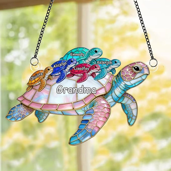 Personalized Grandma's Little Turtles Stained Glass Suncatchers, Custom Name Birth Month Flowers Acrylic Window Hanging Ornament, Mothers Day Christmas Birthday Gifts for Grandma Mom (Style 10)