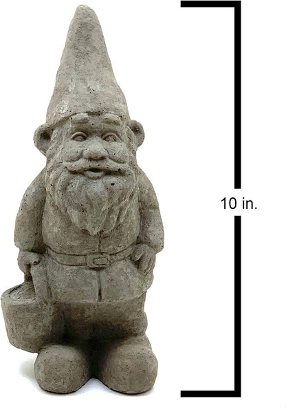 Garden Gnome with Bucket: Solid Durable Stone Statue with Vintage Texture. Sealed for Outdoors. Handcrafted USA. (Antique/Gray)