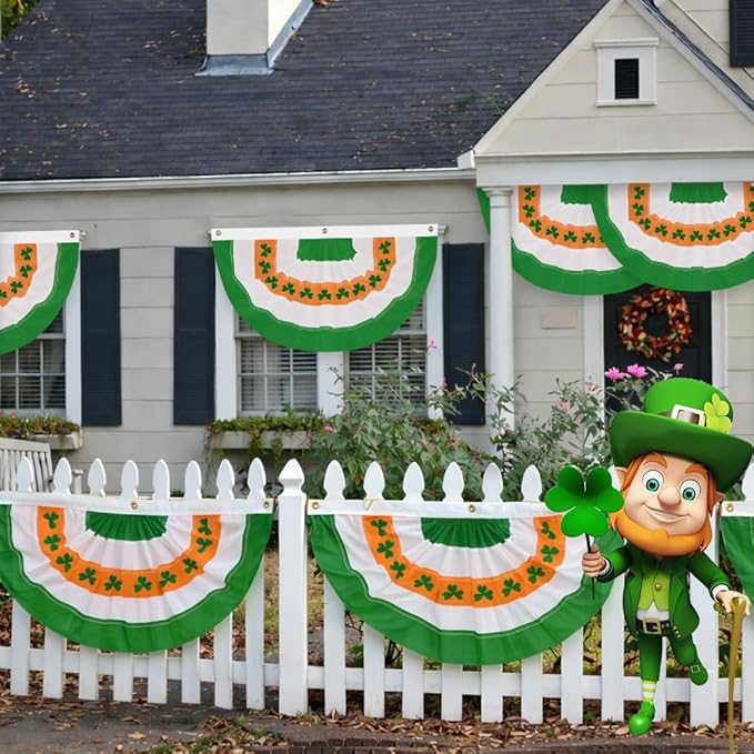 4Pack St Patrick's Day Bunting Flags 2x4 Ft Irish Pleated Half Fan Bunting with Embroidered Shamrock Ireland Patriotic Décor Banner Flag with Grommet for OutsideGarden Decor
